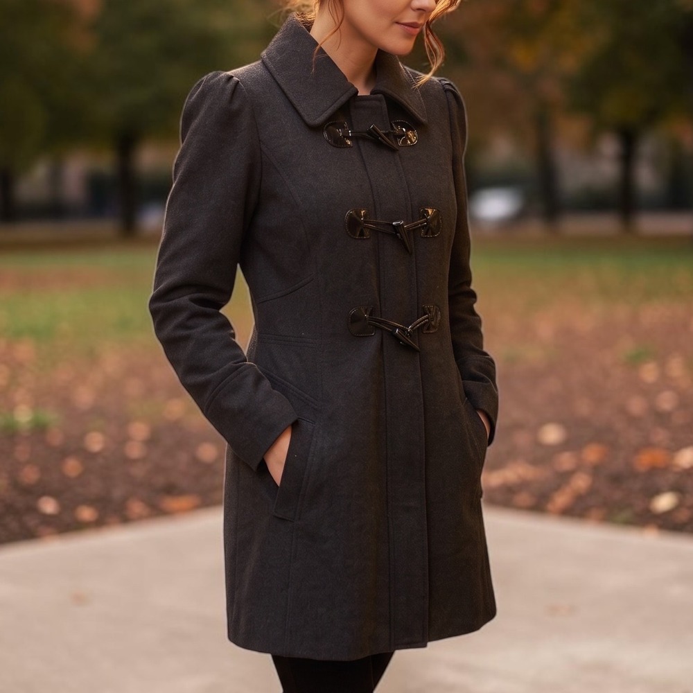 Guess Wool Blend Duffle Coat Women Size M Charcoal Gray Toggle Zip 22SN01037